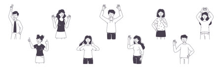 People Character Showing Positive Hand Gesture Demonstrating Emotion Outline Vector Setのイラスト素材