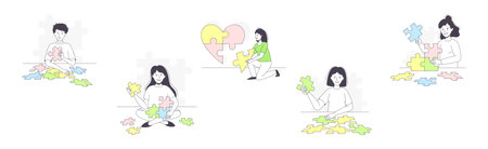 People Assembling Jigsaw Puzzle Connecting Mosaiced Pieces Together Vector Setのイラスト素材