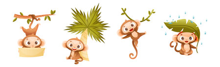 Funny Brown Monkey with Prehensile Tail Enjoying Different Activity Vector Setのイラスト素材