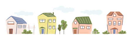 Various Small House with Green Tree Vector Setのイラスト素材