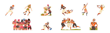 Man and Woman Rugby Player Playing American Football Game Running with Oval Ball Vector Setのイラスト素材