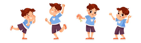 Funny Little Boy Expressing Emotion Vector Illustration Setのイラスト素材