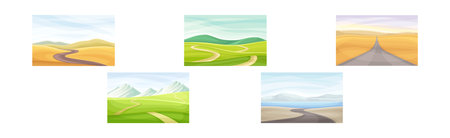 Beautiful Summer Landscape and Nature Scenes with Road Vector Setのイラスト素材