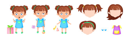 Cute Girl in Pretty Dress with Hairstyle Pose and Emotion Vector Setのイラスト素材