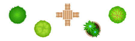 Green Round Bush and Wooden Bench as Landscape Design Element Vector Setのイラスト素材