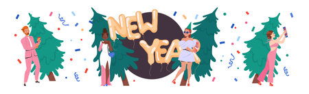 People Characters Celebrating New Year Holiday with Party Popper Vector Illustration Setのイラスト素材