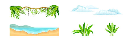 Shore, Cloud, Liana and Bush as Tropical Landscape Element Vector Setのイラスト素材