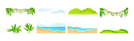 Liana, Shore, Cloud and Bush as Tropical Landscape Element Vector Setのイラスト素材