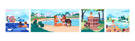 People Characters at Open-air Swimming Pool Enjoying Resort Vector Illustration Setのイラスト素材
