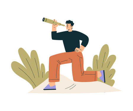 Look to Future with Man Character with Telescope View Horizon Vector Illustrationのイラスト素材