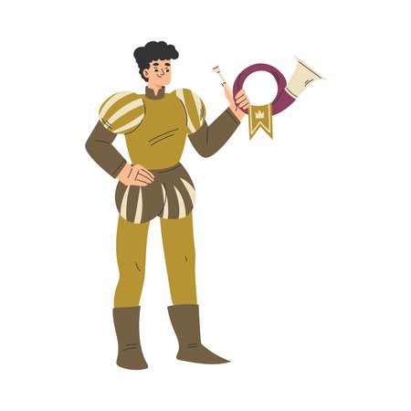 Medieval Man Herald Character with Horn in Standing Pose Vector Illustrationのイラスト素材