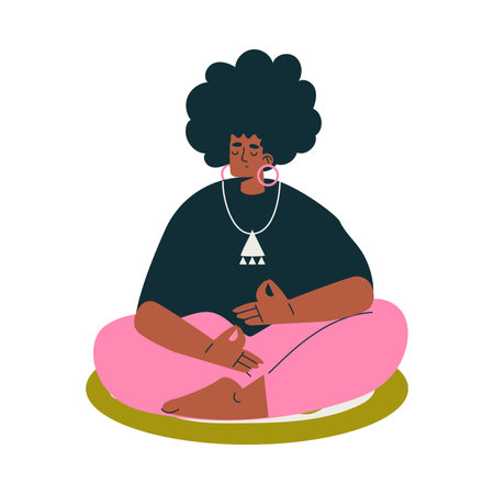Meditation with African American Woman Character Sitting in Lotus Pose Vector Illustrationのイラスト素材