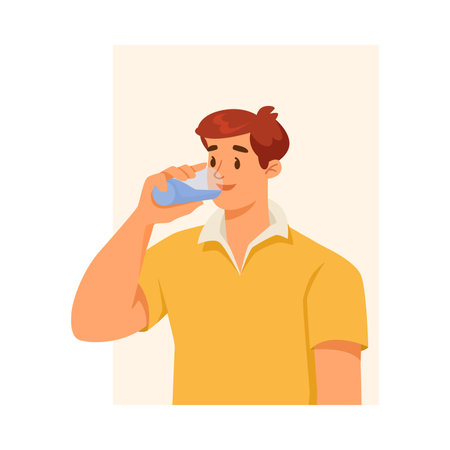 Man Character Drinking Pure Water Supports Immunity Engaged in Healthy Lifestyle Vector Illustrationのイラスト素材
