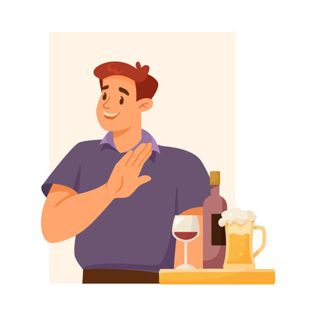 Man Character Refuse Alcohol Supports Immunity Engaged in Healthy Lifestyle Vector Illustrationのイラスト素材