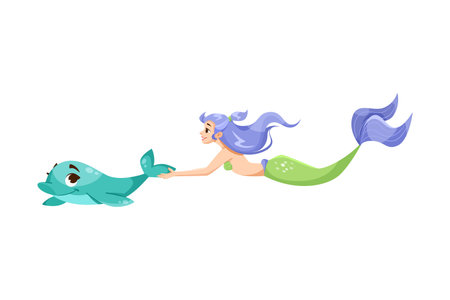 Pretty Mermaid Character with Fish Tail and Female Body with Dolphin Vector Illustrationのイラスト素材