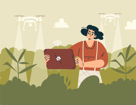 Modern Agriculture Equipment with Woman Character Spray Plant with Drone Vector Illustrationのイラスト素材