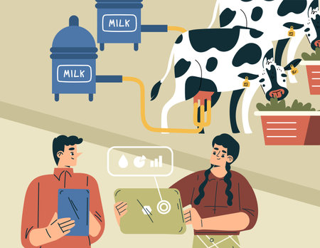 Modern Agriculture Equipment with Man and Woman Character Milk Cow Vector Illustrationのイラスト素材