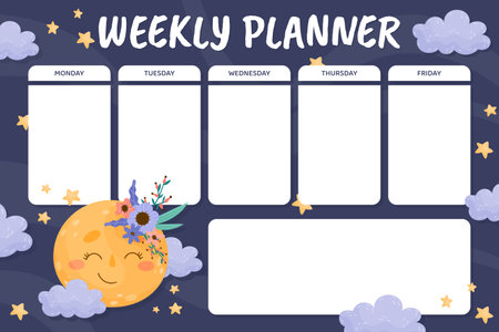 Weekly Planner with Cute Moon with Flowers and Pretty Face Vector Templateのイラスト素材