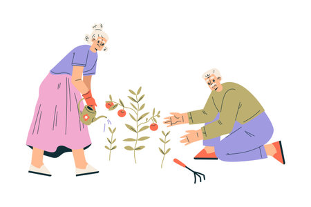 Nursing Home with Retired Man and Woman Character Do Garden Work Vector Illustrationのイラスト素材