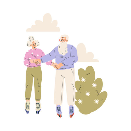 Nursing Home with Retired Man and Woman Character Roller Skating Vector Illustrationのイラスト素材