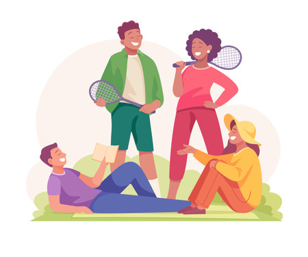 Good Company with Man and Woman Friend Outdoor Vector Illustrationのイラスト素材