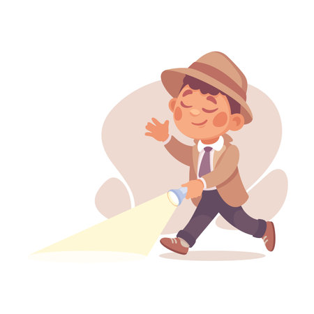 Inspecting Detective Boy Character with Flashlight Investigating Case Vector Illustrationのイラスト素材