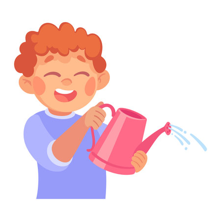 Cheerful Redhead Boy Character with Watering Can Vector Illustrationのイラスト素材