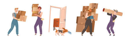 Man Character Moving New House Packing Cardboard Box Vector Setのイラスト素材