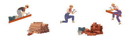 Man Builder and Industrial Worker in Helmet Vector Setのイラスト素材
