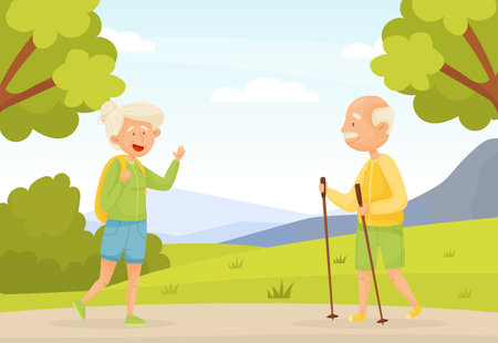 Senior Man and Woman Character Walking and Hiking Vector Illustrationのイラスト素材