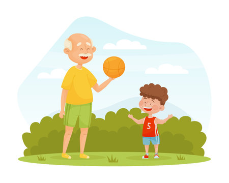 Senior Man Character Play Basketball with Little Grandson Vector Illustrationのイラスト素材