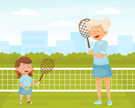 Senior Woman Character Play Badminton with Little Granddaughter Vector Illustrationのイラスト素材