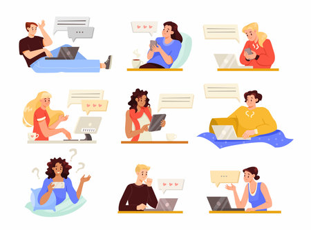 Online Communication with Man and Woman Character Chatting Vector Setのイラスト素材