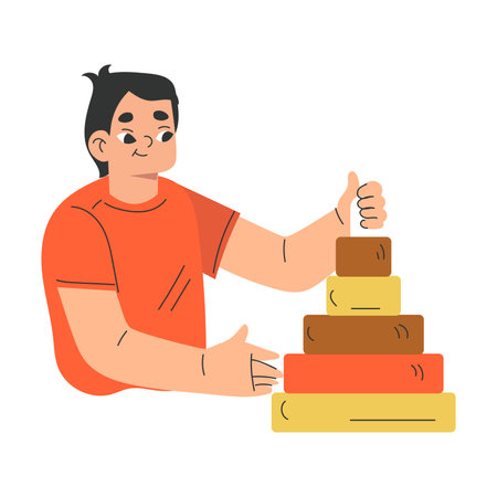 Boy Character Play Pyramid Construction Toy Vector Illustrationのイラスト素材