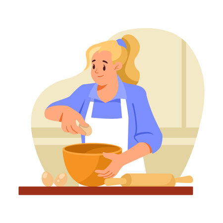 Woman Character Baking Making Dough in Bowl with Egg Vector Illustrationのイラスト素材