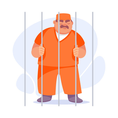 Man Criminal Stand in Orange Uniform in Jail Commit Crime and Theft Vector Illustrationのイラスト素材