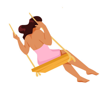 Happy Woman on Rope Swing Rocking and Relaxing Vector Illustrationのイラスト素材