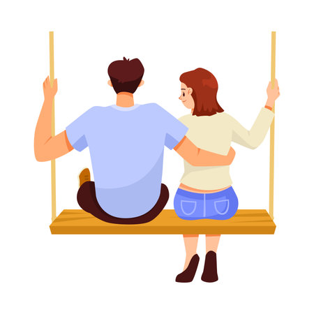 Happy Man and Woman on Rope Swing Rocking and Relaxing Vector Illustrationのイラスト素材
