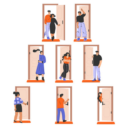 People Character at the Door as Home Entrance Vector Setのイラスト素材