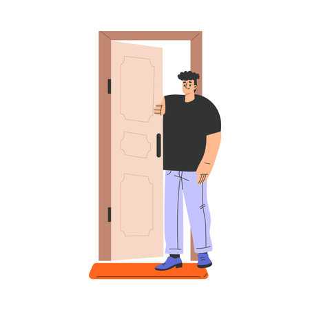Man Character at the Door as Home Entrance Vector Illustrationのイラスト素材