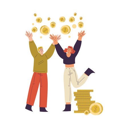 Man and Woman Character Have Capital Rejoice with Money Golden Coin Vector Illustrationのイラスト素材