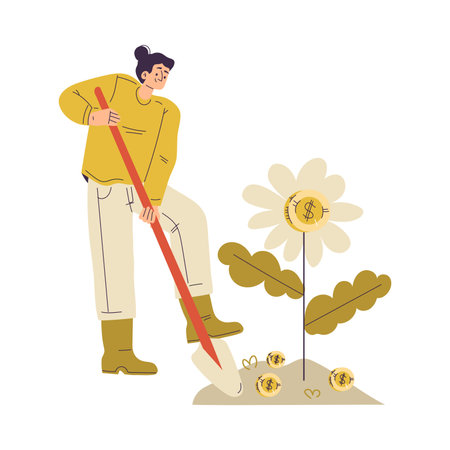 Woman Character Have Capital Cultivate Plant with Money Golden Coin Vector Illustrationのイラスト素材