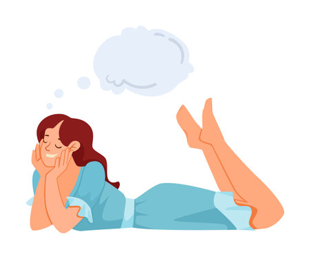 Woman Character Dreaming with Cumulus Cloud Imagining Vector Illustrationのイラスト素材