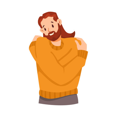 Bearded Man Hugging Himself as Self Embrace Gesture Vector Illustrationのイラスト素材