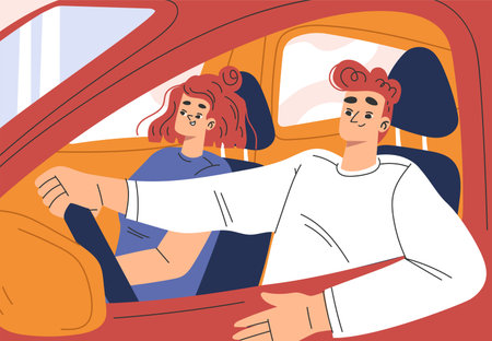 Man and Woman Character in Car Driving Enjoy Road Trip Vector Illustrationのイラスト素材