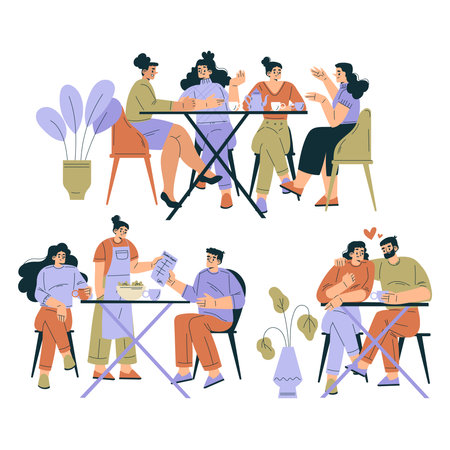 People in the Cafe Sit at Table Enjoy Drink and Communicate Vector Setのイラスト素材