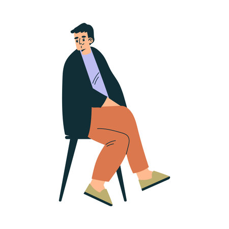 Man Character in Cafe Sitting on Chair Vector Illustrationのイラスト素材