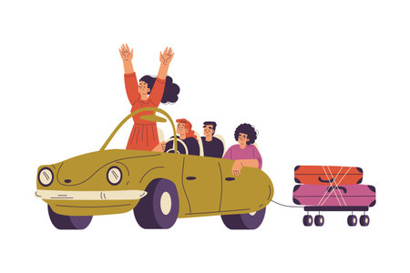 Man and Woman Character on Road Trip Travel by Car with Suitcase Vector Illustrationのイラスト素材