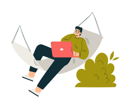 Man Character Swing on Hammock with Laptop Hang with Rope Enjoy Recreation Vector Illustrationのイラスト素材