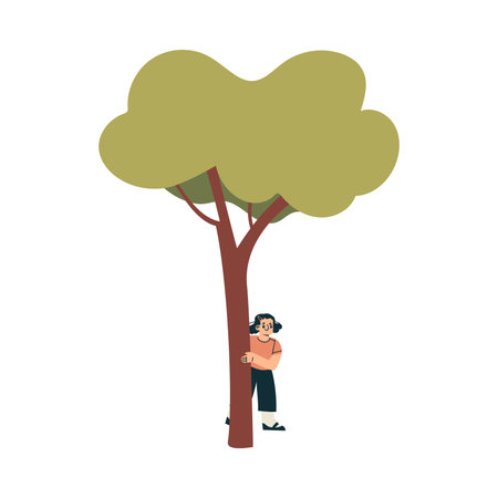 Playful Little Girl Hide Behind Tree Enjoying Summer Vector Illustrationのイラスト素材